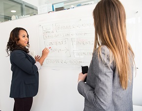 Two Women Brainstorming on White Board